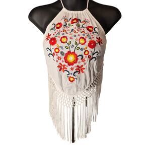 Boho Embroidered Fringe Halter Top Handkerchief Macrame Festival Western Small